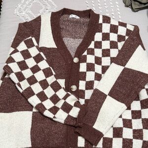 Brown and White Checkered women’s Sweater cardigan
